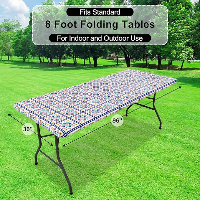 misaya Rectangle Vinyl Tablecloth, Fitted Table Cover, 100% Waterproof, Elastic Edge, Flannel Backing, Table Cloth Fit 8 Foot Folding Tables for Picnic, Outdoor (Geometric Flower, 30x96 inch)