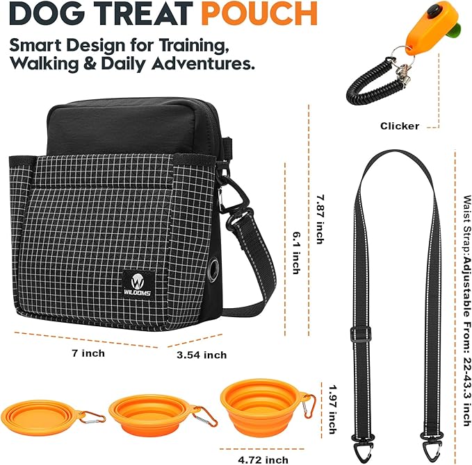 WILDOMS Dog Treat Pouch – Large Capacity with Magnetic Closure, Dog Walking Fanny Pack Built-in Poop Bag Dispenser, Clicker & Collapsible Bowl for Training & Walking - Black