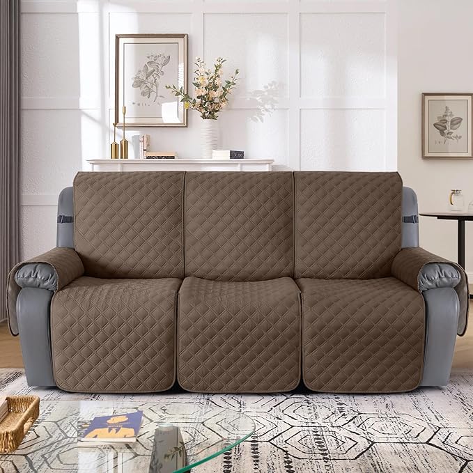 TAOCOCO 100% Waterproof Recliner Couch Covers, Recliner Sofa Covers with Leg Straps, 1-Piece Washable Reclining Sofa Cover with Pocket Couch Protector for Pets Kids(3 Seater, Brown)