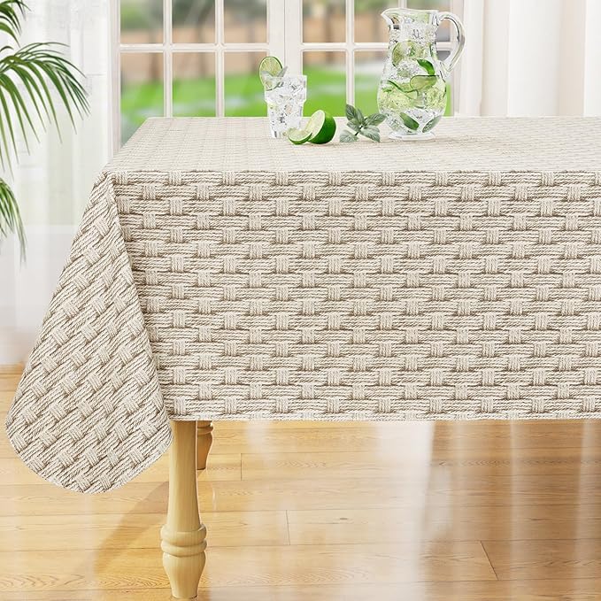 misaya Rectangle Waterproof Vinyl Table Cloth, Wipeable Tablecloth with Flannel Backing, Plastic Table Cover for Dinner, Picnic, Indoor and Outdoor (Weave, 60" x 84")