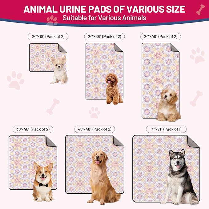 Washable Dog Pee Pads, 24"x48" Reusable Absorbent Dog Pads, Washable, Waterproof & Non-Slip Puppy Pads for Potty Training, Crate, Playpen, Whelping, Mandala Floral Pattern (Pack of 2)