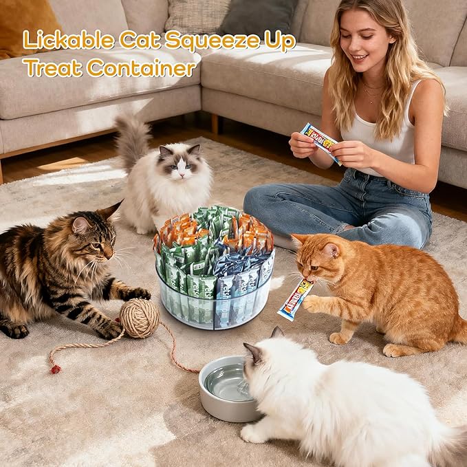 Lickable Cat Treats Organizer, Lazy susan Acrylic Squeeze Up Cat Food Storage Container, 11.42" Essential Storage for Pet Treats, Wet Cat Treats Storage for Kitchen Cabinet Pantry Shelf Countertop