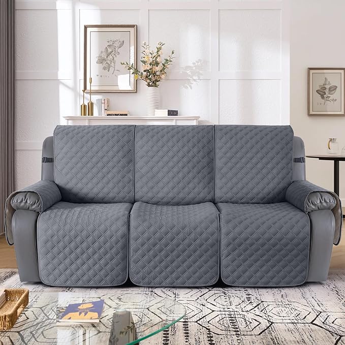 TAOCOCO 100% Waterproof Recliner Couch Covers, Recliner Sofa Covers with Leg Straps, 1-Piece Washable Reclining Sofa Cover with Pocket Couch Protector for Pets Kids(3 Seater, Smoke Gray)