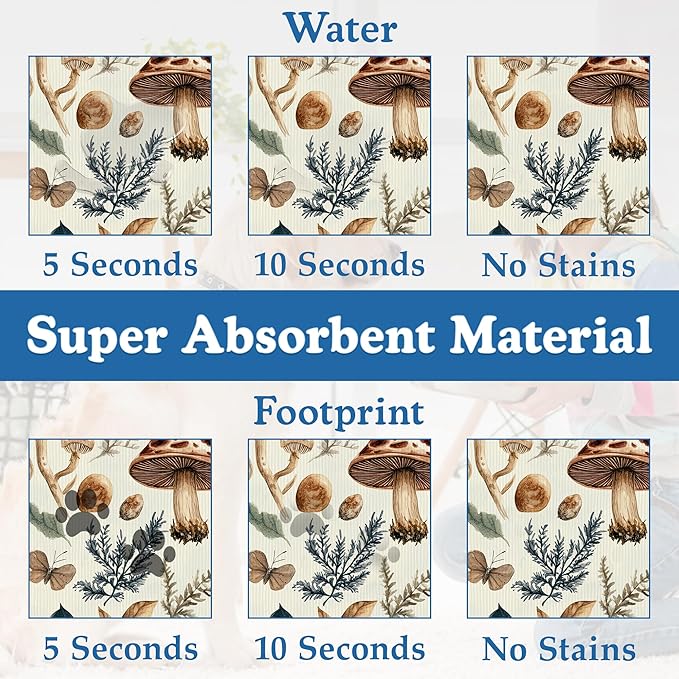 Vintage Mushroom Floral Dog Cat Food Mat–Absorbent Waterproof Placemat for Food and Water Bowls, Non Slip Rubber Backing, Feeding Mat for Clean Floors 12"x20"