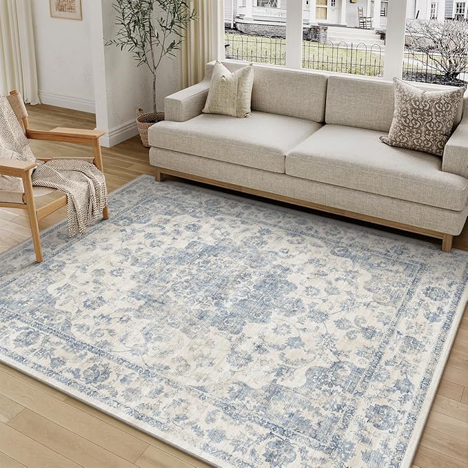 5x7 Washable Neutral Area Rug Blue Vintage Living Room Bedroom Carpet Non-Slip Soft Low Pile Farmhouse Indoor Throw Rug for Dining Room Entryway Office