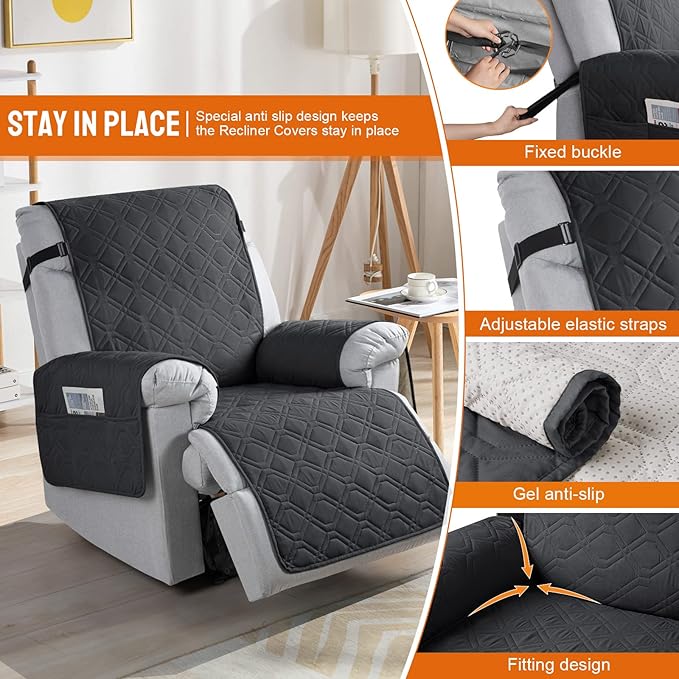 VANSOFY 100% Waterproof Recliner Chair Covers, Recliner Cover Non-Slip Dog Chair Cover Furniture Protector Washable Slipcover with Pocket, Elastic Straps for Pets, Dogs(Black, 22")