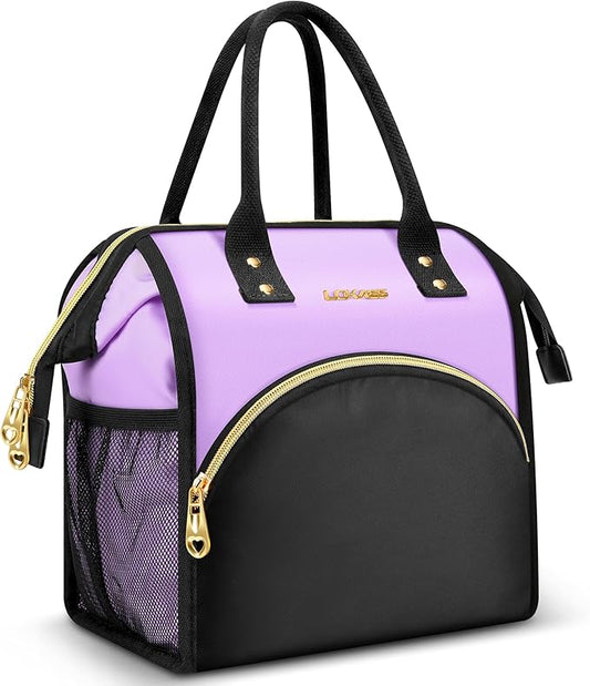Lunch Bag Women Insulated Lunch Box Wide-Open Lunch Tote Bag Large Drinks Holder Durable Nylon Thermal Snacks Organizer for Men Adults Work Picnic Hiking Beach Fishing, Purple + Black
