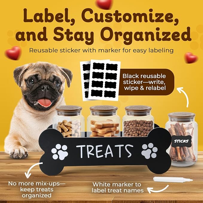 Furry Tails Co Dog Treat Container - Includes 3 Treat Jars, 1 Treat Bag, Wooden Pet Treat Holder, storage Basket, Dog Treat Station, with Reusable Sticker & Marker - Bone Shape