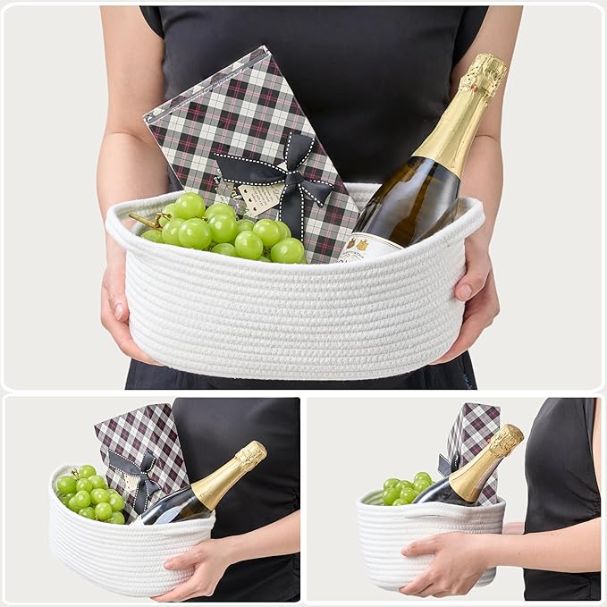 Small Woven Gift Basket Empty with Bag & Ribbon - Gifts for Mom, Baby Shower, Birthdays & Raffle - Cotton Rope Storage Basket for Dog Toys or Shelf - 12"x8"x5", Easter White, 2 Packs