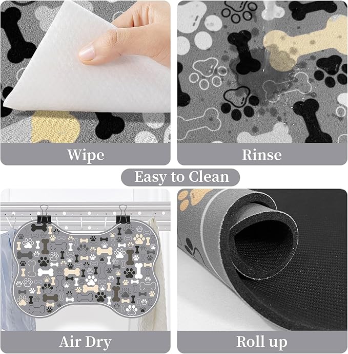 Dog & Cat Food Mat Bone Shaped Pet Feeding Mat Quick Absorb Water Bowl Placemat with Rubber Backing Indoor Floor Stain Resistant Pet Accessory Supplies (Gray, 12x24 Inches)