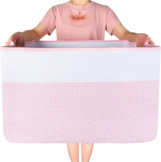MINTWOOD Design 22in Extra Large Blanket Basket Holder Living Room, Rectangle Rope Woven Storage Basket with Handles for Laundry, Pool Towels, and Shoes, Dog Toy Organizer Bin Box, Light Pink