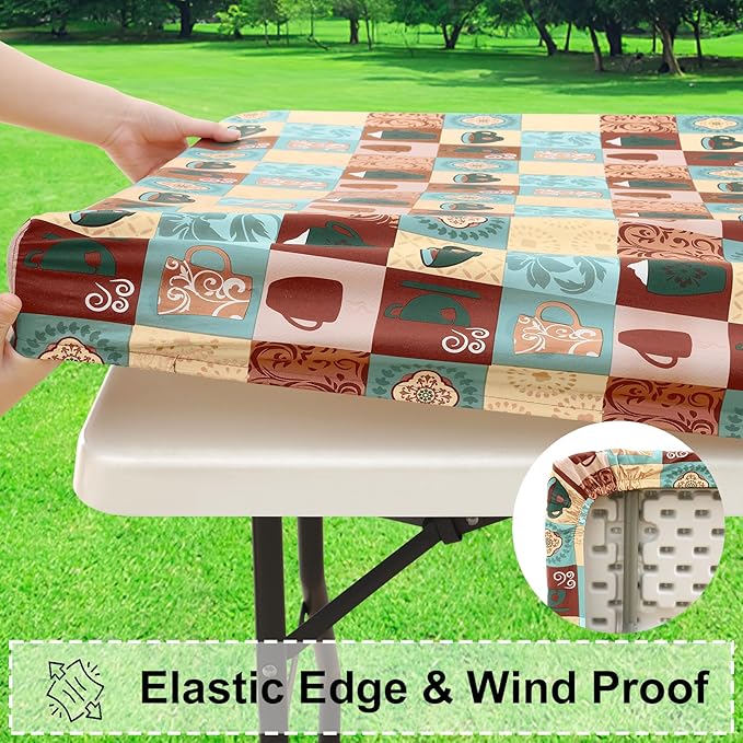 misaya Rectangle Vinyl Tablecloth, Fitted Table Cover, 100% Waterproof, Elastic Edge, Flannel Backing, Plastic Table Cloth Fit 6 Foot Folding Tables for Picnic, Outdoor (Patterned Cups, 30x72 inch)