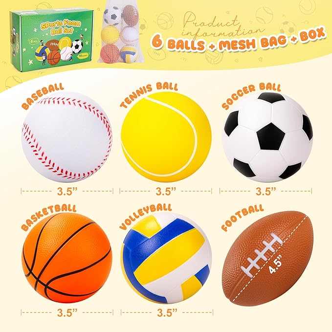 Innotoys Balls for Toddlers Babies, Soft Baby Toys, 6 Pack 3.5" Foam Balls Kids Sports Set, Small Soccer Basketball Baseball Football Volleyball Tennis, Indoor Outdoor Toys Games Gifts for Boys Girls