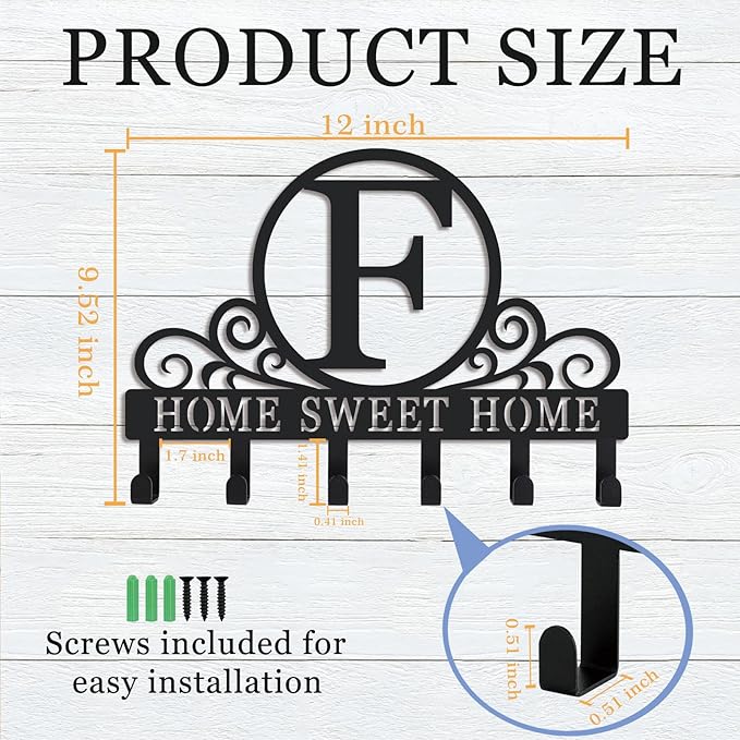 Metal Letter F Key Holder for Wall, Decorative Metal Key Holder Wall Mount, Key Hooks Coat Rack Monogram Wall Decor, Perfect for Bathroom, Living Room, Kitchen, Anniversary Housewarming Gift