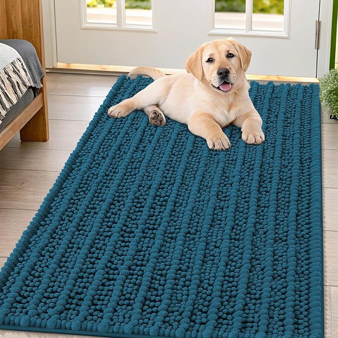 Smiry Dog Door Mat for Muddy Paws 47x32, Extra Soft Absorbent Chenille Doormat, Trap Moisture and Dirt, Non-Slip Machine Washable Front Door Mat for Indoor Entrance Inside Floor, Atlantic Blue