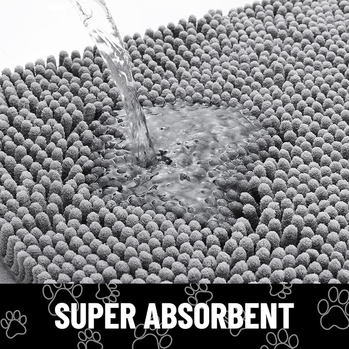 Smiry Dog Door Mat for Muddy Paws, Absorbent Dirt Trapper Non Slip Quick Dry Washable Chenille Mat for Mud Dogs, Entry Rug for Indoor and Outdoor (47x24 Inches, Grey and Black)