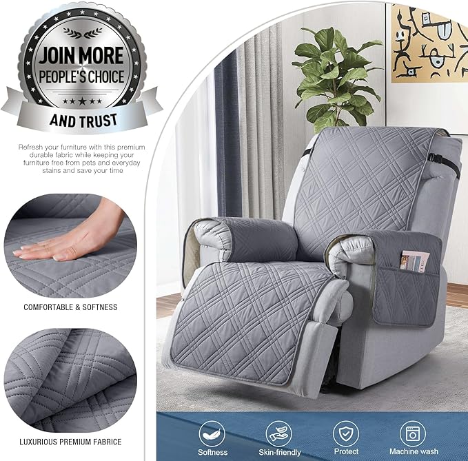 TAOCOCO 100% Waterproof Recliner Chair Covers, Non Slip Recliner Covers for Recliner Chair with Pocket, Washable Reclining Chair Cover Furniture Protector for Kids,Dogs(22'', Grey)