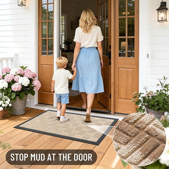 OLANLY Front Door Mat Outside Entrance 71x23, Absorbent, Heavy Duty Sturdy Natural Rubber Doormat Indoor Outdoor, Non-Slip, Stain and Fade Resistant, Low Profile Floor Mat for Entryway, Latte White