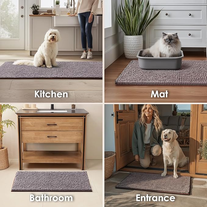 EHEYCIGA Super Absorbent Dog Door Mat for Muddy Paws 24x16 Inch Indoor, Front Doormat Outside Entrance, Quick Dry Chenille Washable Dog Crate Bed, Non-Slip Pet Rug Mud Mat Outdoor Entryway, Brown