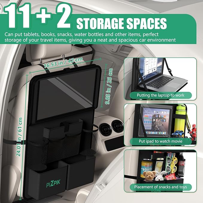 Car Backseat Organizer with Tablet Holder,11 Storage Pockets with Foldable Food Tray, Protector Kick Mats for Kids, Travel Accessories Organizer (Black, 1Pack with Food Tray)