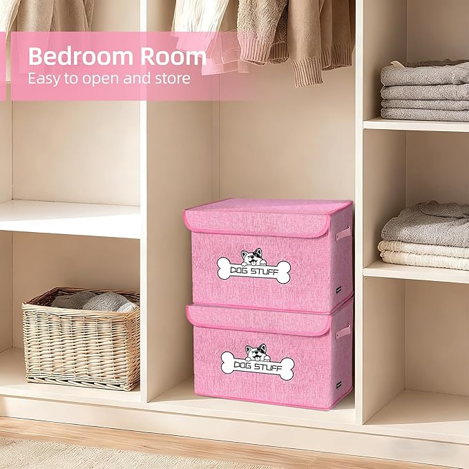 Thankspaw Fabric Dog Toy Box with Lid, Collapsible Storage Bin, Basket Organizer with Handle for Dog Toys, Blankets and Accessories, Pink
