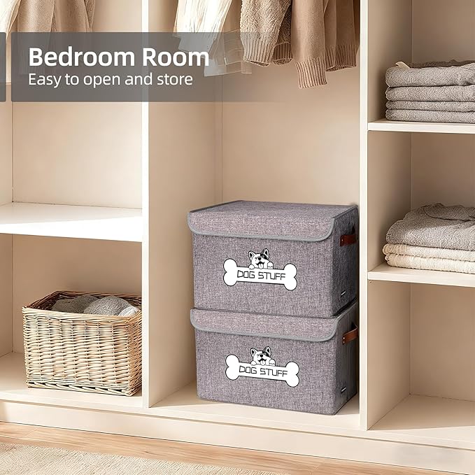 Thankspaw Fabric Dog Toy Box with Lid, Collapsible Storage Bin, Basket Organizer with Handle for Dog Toys, Blankets and Accessories, Grey