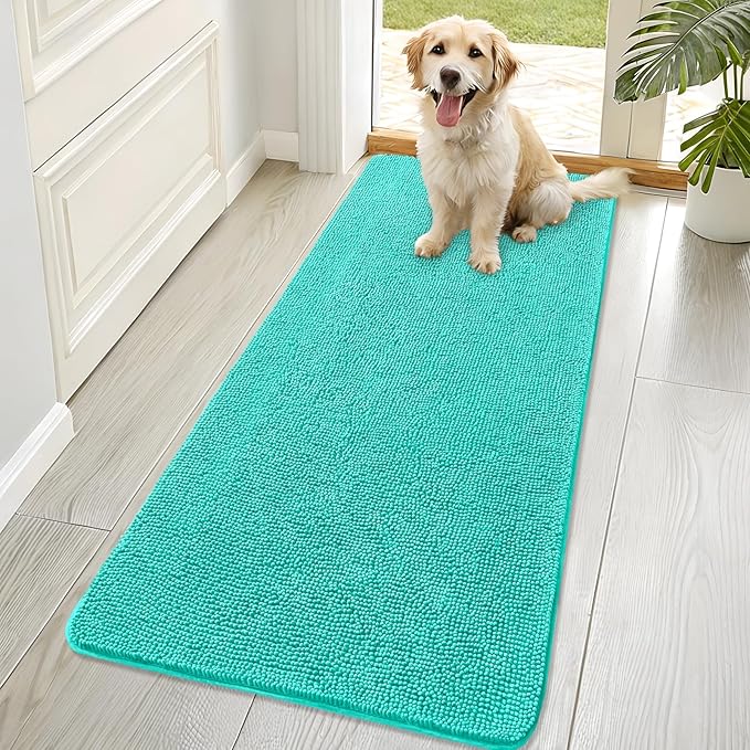 OLANLY Dog Door Mat for Muddy Paws 70x32, Absorbs Moisture and Dirt, Absorbent Non-Slip Washable Doormat, Quick Dry Chenille Mud Mat for Dogs, Entry Indoor Entryway Carpet for Inside Floor, Teal