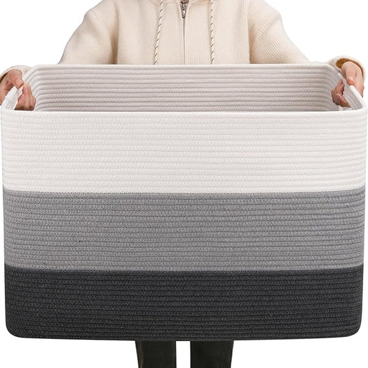OIAHOMY 108L Super Large Blanket Basket, 25”x16”x16” Rectangle Woven Baskets for Storage, Cotton Rope Basket For Living Room, Toy Storage with Handle- Gradient Dark Grey
