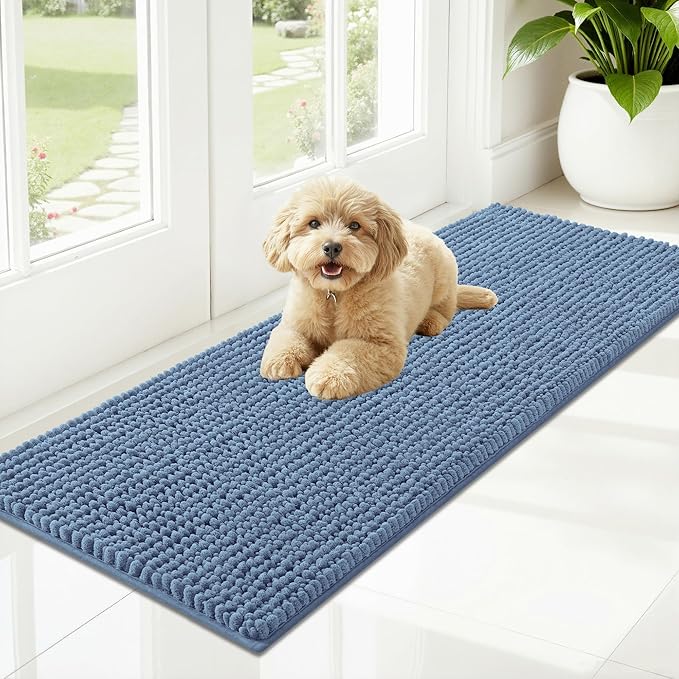 OLANLY Dog Door Mat for Muddy Paws 47x17, Ultra Absorbent Chenille Mud Doormat, Non-Slip Washable and Dirt Trapping Doormat for Indoor Entryway, Quick-Dry Indoor Pet Bed Mats for Dogs, Airy Blue