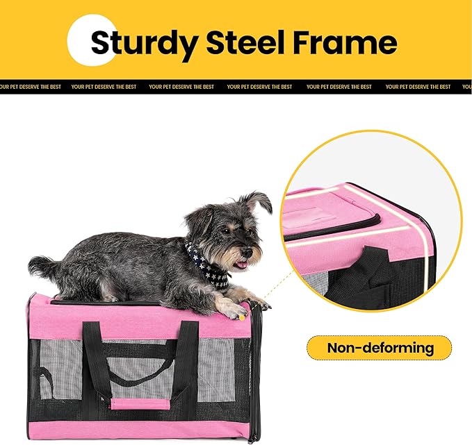 Conlun Cat Carrier Airline Approved, Soft-Sided Dog Carrier with Inner Safety Leash, Pet Transport Carrier for Small-Medium Cats Puppies up to 15 Lbs, Collapsible Travel Kitten Carrier Bag -Pink M