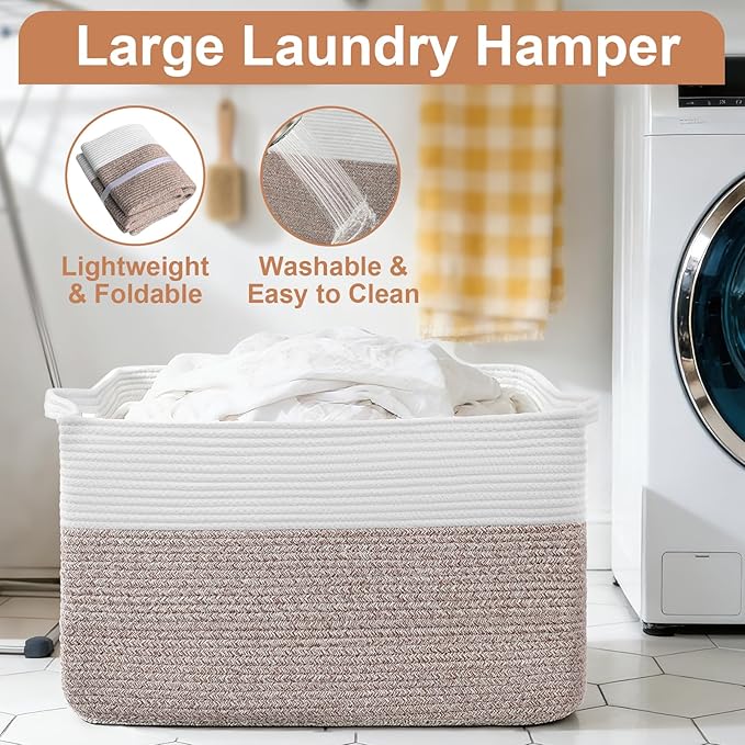 105L XXXL Large Blanket Basket, Rectangular Cotton Rope Basket, Laundry Hamper for Blankets, Pillows, Extra Large Toys Storage Bins for Kids, Dogs 25" x 16" x 16", White & Brown