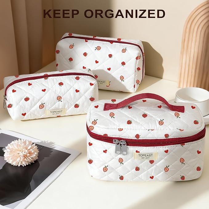 TOPEAST Christmas Gifts for Women Girls - 3Pcs Makeup Bag Large Cotton Travel Make Up Organizer, Quilted Toiletry Pouch Portable Cosmetic Bags with Compartment, Strawberry