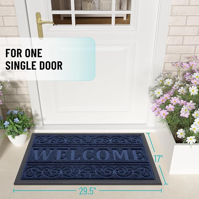 OLANLY Welcome Door Mat Indoor Outdoor Entrance, Heavy Duty Sturdy Front Door Mat, Waterproof All-Weather Doormat, Stain Resistant, Low Profile, Easy Clean Patio Entryway Mat, 36 x 24, Navy Blue