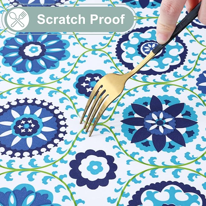 misaya Square Waterproof Vinyl Table Cloth, Wipeable Tablecloth with Flannel Backing, Plastic Table Cover for Dinner, Picnic, Indoor and Outdoor (Navy Mandala, 54" x 54")
