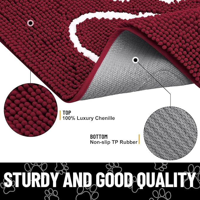 Smiry Dog Door Mat for Muddy Paws, Absorbent Dirt Trapper Non Slip Quick Dry Washable Chenille Mat for Mud Dogs, Entry Rug for Indoor and Outdoor (47x24 Inches, Burgundy and White)