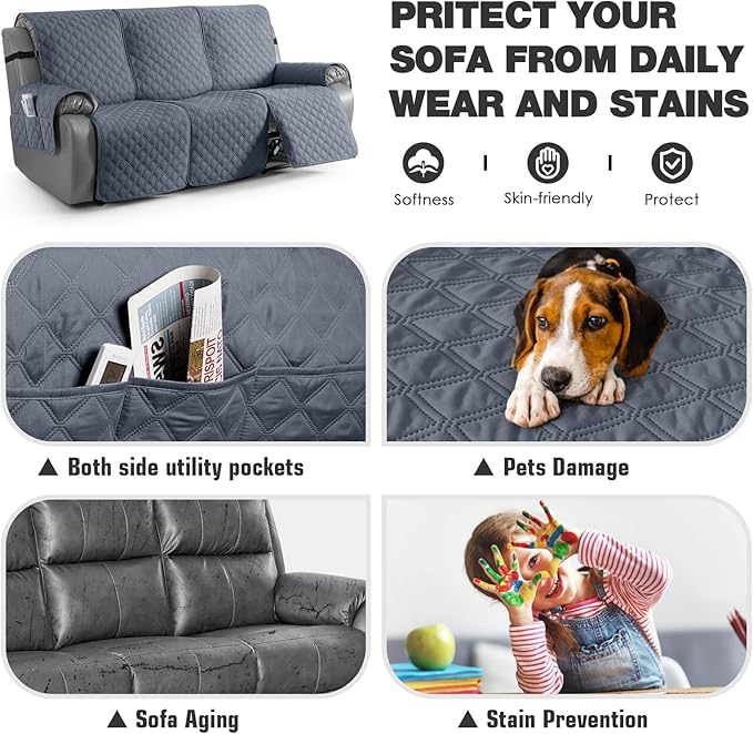 TAOCOCO 100% Waterproof Recliner Couch Covers, Recliner Sofa Covers with Leg Straps, 1-Piece Washable Reclining Sofa Cover with Pocket Couch Protector for Pets Kids(3 Seater, Bluish Grey)
