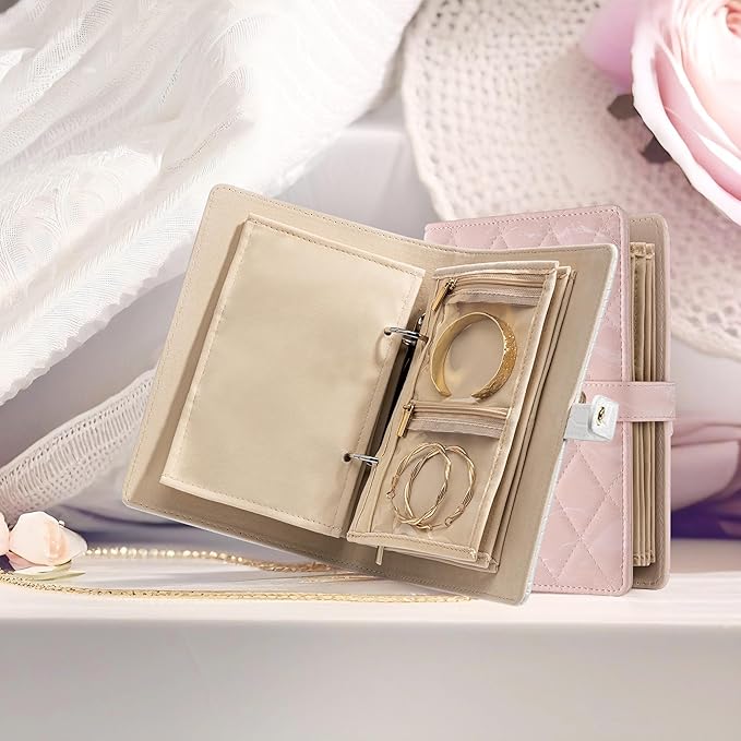 Vlando Small Jewelry Book Organizer - Leather Travel Jewelry Case with 5 Detachable Pages for Necklaces, Rings, Earrings, Tangle-Free, Giftable, Croco White