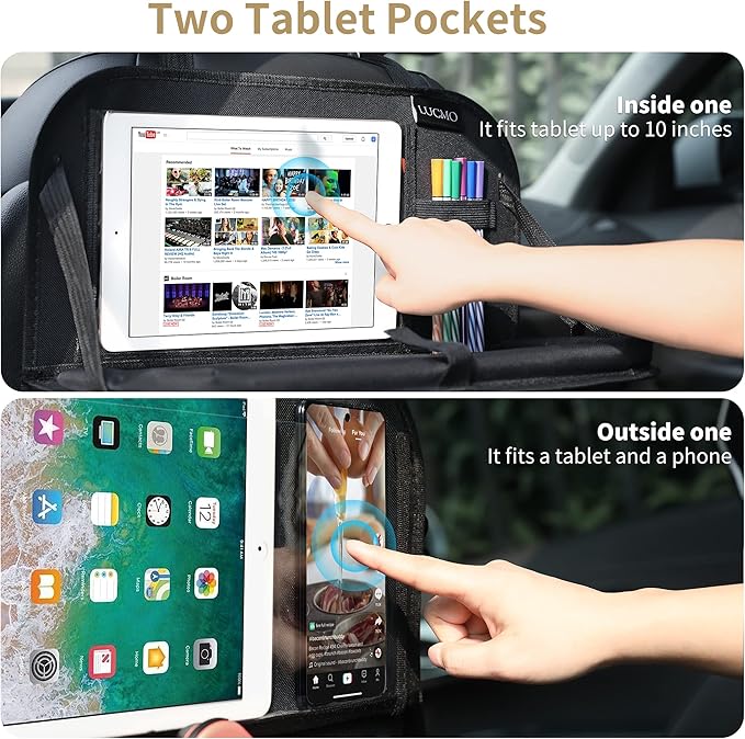 LUCMO Car Backseat Organizer with Tablet Holder,6 Storage Pockets Car Storage Organizer with Foldable Food Tray,Protectors Kick Mats Travel Accessories-Black