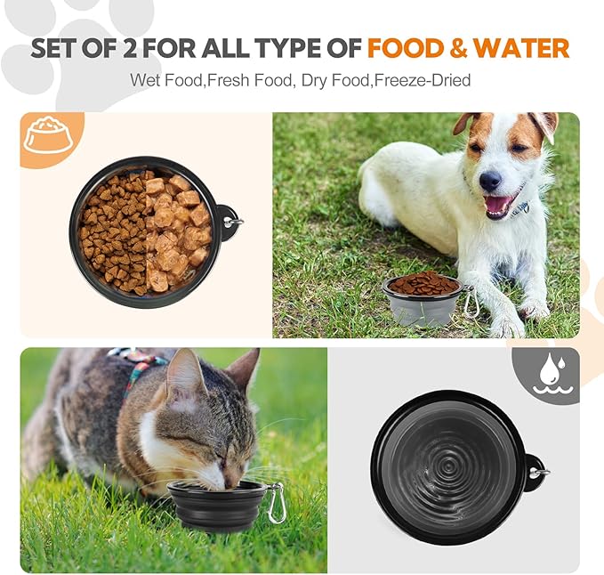 Dog Bowl Collapsible, 2 Pack Portable Foldable Travel Water Bowl Food Dishes with Carabiner Clip for Traveling, Hiking, Walking(12oz, Small, Grey+Black)