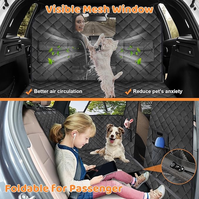 URPOWER High Barrier Back Seat Extender for Dogs, Hard Bottom Dog Car Seat Cover Holds 550 lbs, Waterproof Dog Hammock for Cars, SUV, Dogs Car Bed Pet Backseat Protector with Mesh Window