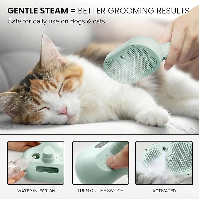 SHAZORY Pet Steam Brush for Dog & Cat - 3-in-1 Steam Grooming Brush for Shedding & Hair Removal - Self Cleaning Spray Comb with Mist for Long Haired Pets - Includes Water Refill Bottle (Green)