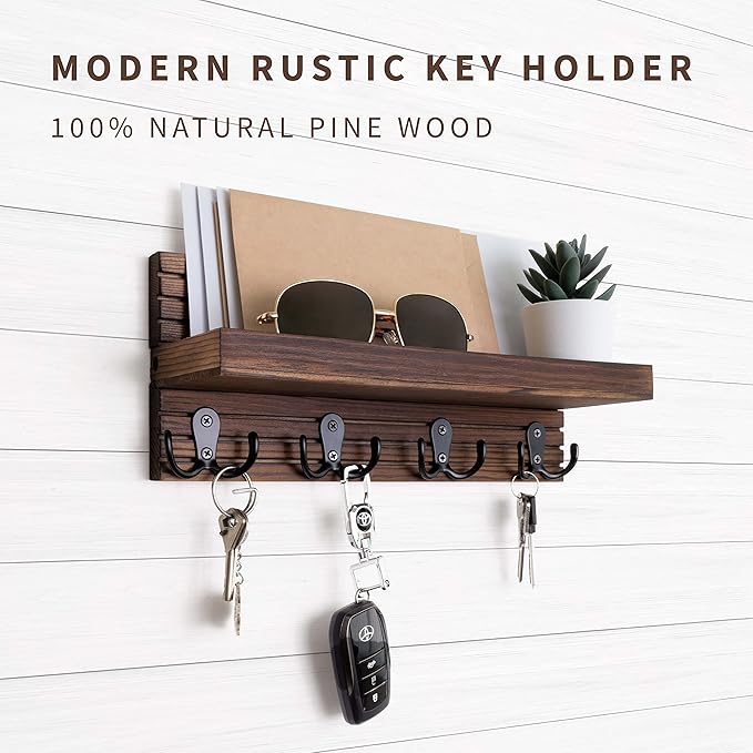Natural Wooden Key Holder - Wall Mounted Mail Organizer and Key Hanger - Rustic Farmhouse Entryway Shelf with 4 Double Hooks - Decorative Rack for Car Keys, Wallet (Dark Brown)