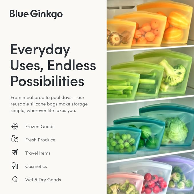 Blue Ginkgo Reusable Silicone Storage Bags – 4-Pack | Korean-Made Stand Up Food, Freezer Bags - Olive Green