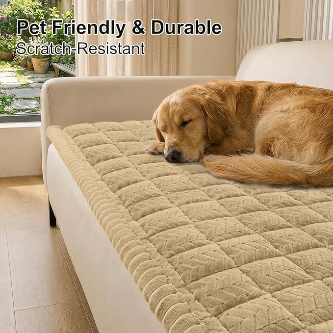 Smiry Non Slip Couch Covers for Dogs, Fuzzy Pet Couch Covers for 3 Cushion Sofa Pet Friendly, Soft Sofa Slipcovers Cushion Furniture Protector Washable (Khaki, 27.6" x 70.9")