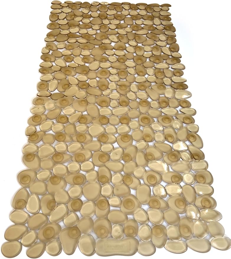 “Pebbles” Non-Slip Bathtub/Shower Mat 27.5”x14” Rectangular, Non-Toxic, Safe, Clean, Machine-Washable, Superior Grip & Drainage, Vinyl, for Smooth Floors ONLY, Transparent Light Brown