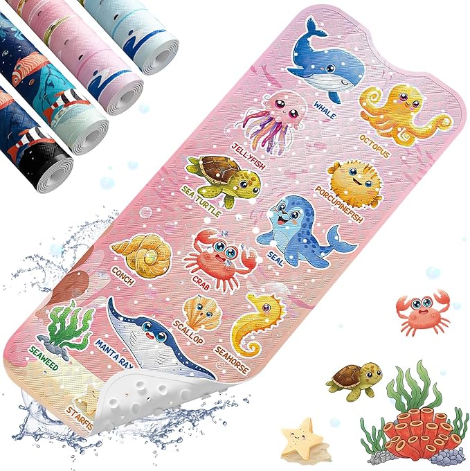 XIYUNTE Baby Bath Mat for Tub Non Slip Kids Bath Mat - 40"x16" Extra Long Bathtub Mat Non Slip Kids, Eco-Friendly Toddler Bath Mats with Suction Cups for Secure Grip, Easy to Clean & Easy Drying