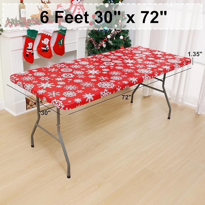 misaya Rectangle Vinyl Tablecloth, Fitted Table Cover, 100% Waterproof, Elastic Edge, Flannel Backing, Plastic Table Cloth Fit 6 Foot Folding Tables for Christmas Dinner (Red Snowflake, 30x72 inch)
