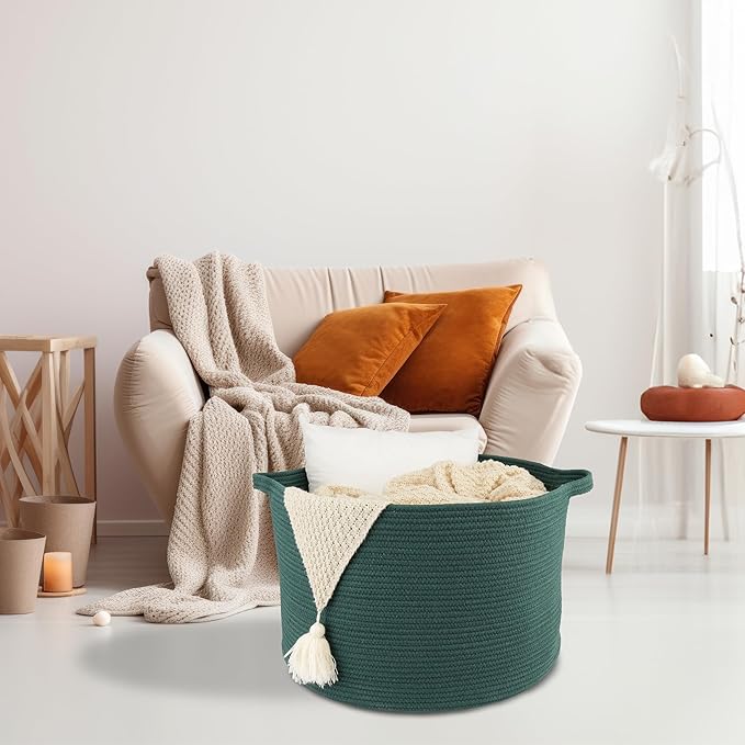 XUANGUO Extra Large Cotton Rope Basket – 22"x14" Woven Storage Basket for Blankets, Toys, Laundry, and Nursery – Round Baskets for Living Room and Kids Dark Green