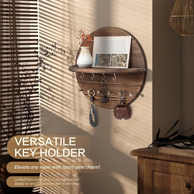 Rebee Vision Pine Wood Key Holder Wall Mount – Rustic Wooden Key Hooks for Wall with Shelf – Decorative Mail Organizer, Coat Rack & Dog Leash Holder for Home Decor, Entryway and Living Room (Brown)