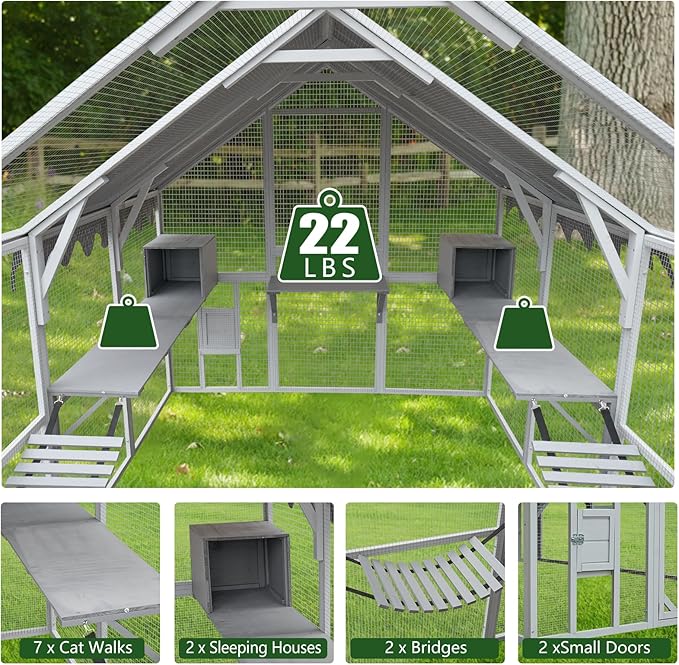 LOVMOR 110" Large Outdoor Wooden Catio, Outdoor Cat House Cat Enclosures, Weatherproof Cover roof, Two Small Sliding Doors, 2 x Bridges, 2 x Sleeping Houses, 7 x Cat Walks
